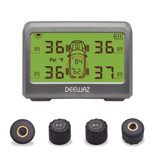 Sistema de monitoreo de presion de neumaticos TPMS, 0-116 Psi, con 6 modos de alarma, intercambio de posicion de neumaticos, valor de presion frontal / trasera ajustable por el usuario, temperatura y humedad, carga solar y magnetica para automoviles de 4 ruedas
