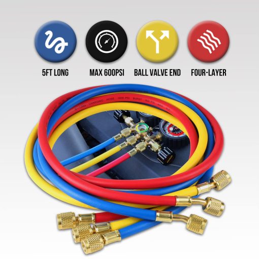 Juego de Manifold de Diagnostico de A/C Lichamp R134a R22 R12 R502 con Manguera de 5FT, Acoplamientos de Puncion y Tapon Autocerrante, Clasico #A301 - Imagen 5