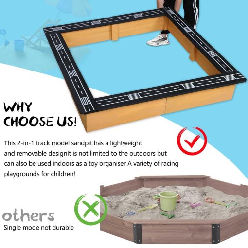 Arenero de Madera FAHKNS con Tapa - Pista de Carreras DIY - Asientos Tipo Pista - Proteccion de Arena, Forro Inferior - Gran Arenero para Ninos Actividades al Aire Libre, Almacenamiento de Juguetes, Jardineria de Flores - Imagen 6