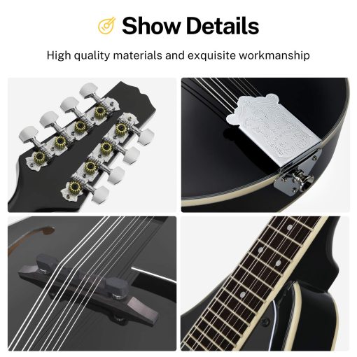 Mandolina Donner Estilo A Negra para Principiantes Adultos Mandolina Acustica Instrumento Musical de Caoba de 8 Cuerdas, Paquete con Afinador Bolsa de Cuerdas Puas de Guitarra, DML-100B - Imagen 4