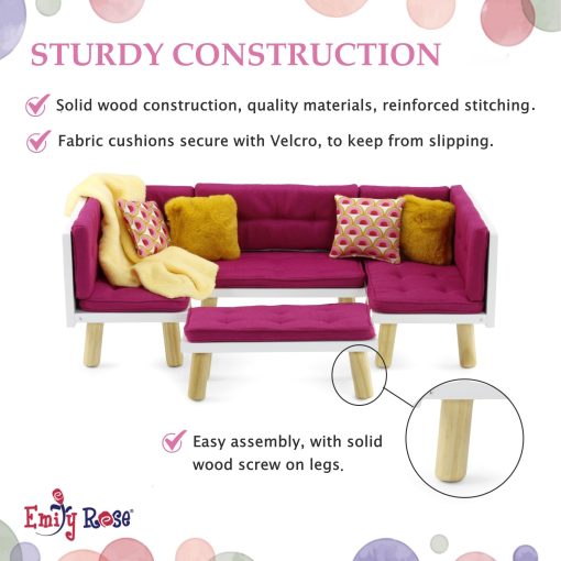 Emily Rose Nuevo Sofa Cama Seccional/Sala de Estar de Madera Rosa de 18" para Munecas con Unidad de Entretenimiento con TV, Chimenea Falsa, Bins de Almacenamiento y Revistas | Set de Muebles para Munecas de 14"-19" - Imagen 5