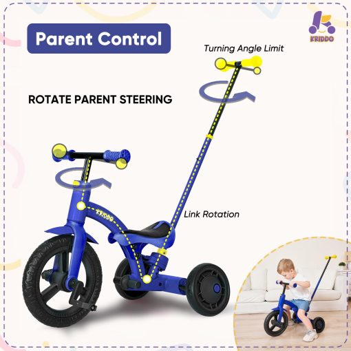 Triciclo KRIDDO 4 en 1 para ninos de 1.5 a 3 anos con manillar de direccion para padres, rueda delantera de 12 pulgadas, bicicleta de equilibrio para ninos de 18 meses a 3 anos, altura ajustable, azul - Imagen 3