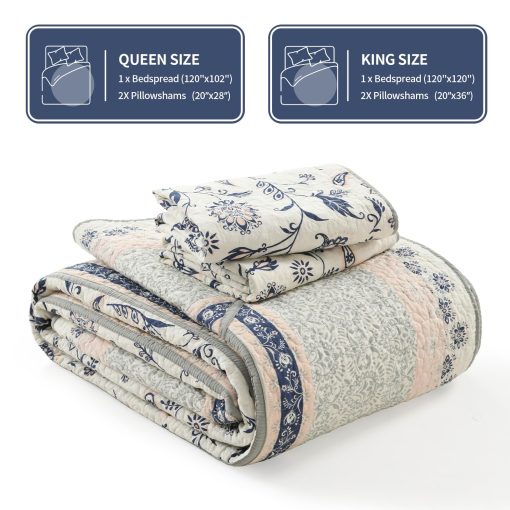 Colcha Acolchada Extra Grande KALOOLA 120x102, 100% Algodon Colchas de Cama Tamaño Queen, Ligera Reversible Cubrecama Edredon Set con Fundas de Almohada, 3 Piezas, Azul Marino Marron - Imagen 6