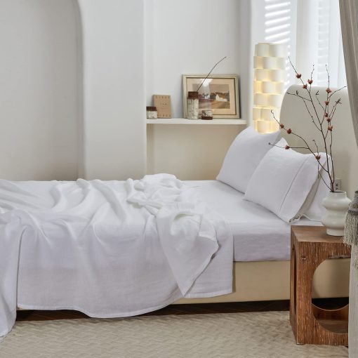 Juego de Sabanas Simple&Opulence 100% Lino con Ribete de Ovillos - 4 Piezas de Sabanas de Cama de Lino Europeo Puro Lavado (1 Sabana Plana, 1 Sabana Ajustable, 2 Fundas de Almohada) - Transpirable y Suave (Blanco Ovillos, King) - Imagen 9