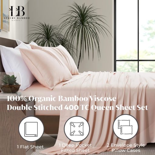 Juego de sabanas de lujo de bambu | Tamano Queen | 100% Viscosa de Bambu | Cultivado de forma organica | Ultra Suave | Sabanas Refrigerantes para los que duermen en calor | Bolsillo profundo de 17" [Vintage Pink (Blush)] - Imagen 4