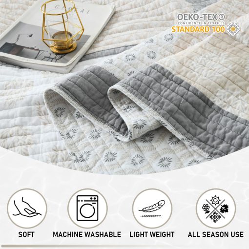 Juego de Colcha KALOOLA Tamano King, Colcha de Verano Acolchada 100% Algodon, Gris Luna Floral Patchwork Juego de Cama King, Colcha Reversible Estilo Granja para Todas las Estaciones, 3 Piezas - Imagen 6