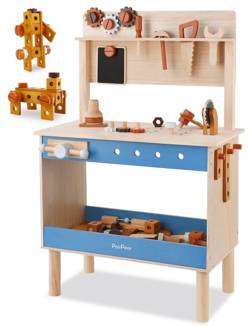 Banco de herramientas para niños PairPear, Juguetes de madera Banco de trabajo infantil con martillo de juguete y herramientas de construccion, Set de juguete para niños con accesorios de herramientas, regalo para niños