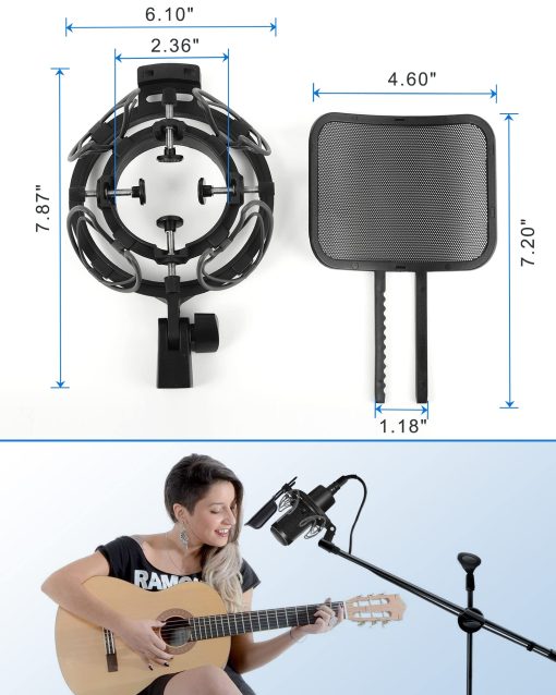 Soporte universal de microfono SUUNTOK con filtro anti-pop para microfonos de condensador de tamano 21-62mm Soporte para microfono antivibracion (Negro) - Imagen 8