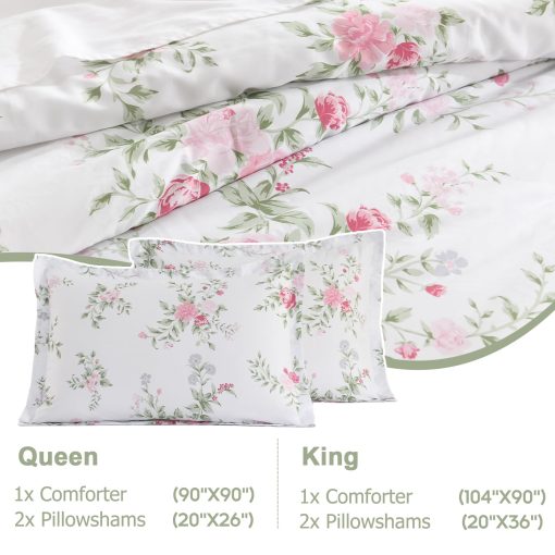 Juego de edredon King Floral Finlonte - Edredon de algodon tamano King, lujoso edredon acolchado de estilo farmhouse, 3 piezas de ropa de cama mullida para cama King durante todo el ano, Blanco/Rosa/Verde, 104"x90" - Imagen 6