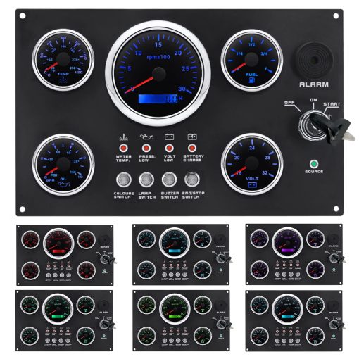 Conjunto de Medidores de 5 Gauges para Panel de Instrumentos 12V 7 Colores Nivel de Aceite Temperatura del Agua Presion de Aceite Voltaje Monitor para Barco Marino