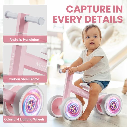 Bicicleta de equilibrio para bebes con iluminacion colorida para ninos y ninas de 1-2 anos, 10-24 meses de empuje de bicicleta de equilibrio para bebes, 4 ruedas primera bicicleta para ninos, regalos de primer cumpleanos para ninos en edad preescolar - Imagen 6