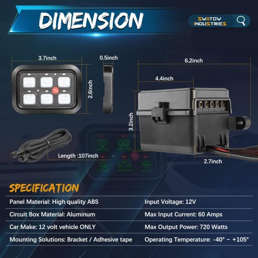 Panel de interruptores de 6 vias, SWATOW INDUSTRIES Switch Pods Caja de rele de circuito automatico atenuable con modos momentaneos para camioneta, Jeep, camioneta, SUV, UTV, marina - Imagen 2