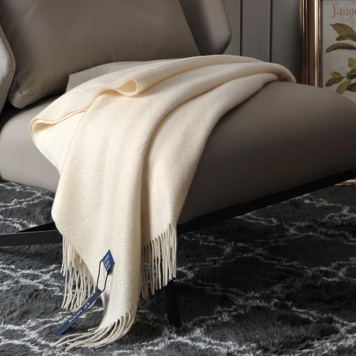 Manta de Lana de Cachemira 100% Pura para Sofa, Diseno Clasico con Caja de Regalo (Blanco Susurro) - Imagen 3
