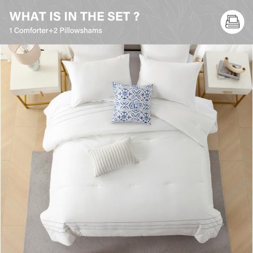 Juego de Edredones de Algodon de Fibra Larga SahSahCasa para Cama Queen, Edredon Esponjoso, Juego de Ropa de Cama de Algodon 100% para Cama Queen, Edredon Acolchado Ligero con Bordado a Rayas, 90" x 90", 3 piezas, Blanco - Imagen 6