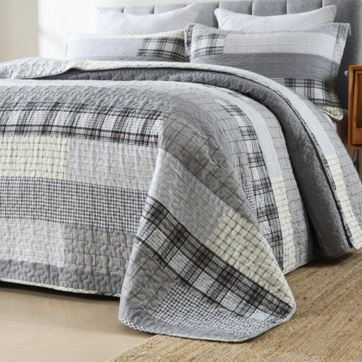 Edredon Queen Size Mescore, Juego de Edredon de Retazos de Algodon 100% Juego de Edredon Reversible y Ligero para Cama Queen Tamaño Completo Cubrecama para Cama Queen Todo el Año, Gris Azul Beige Marron 3 Piezas - Imagen 4