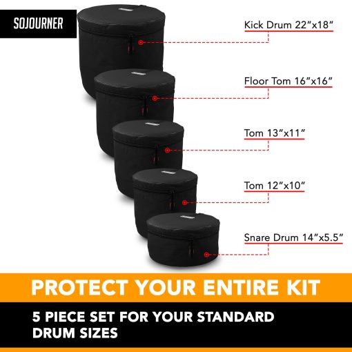 Estuches para tambores (5 piezas) - Set de bolsas de viaje para kits estandar de tambores - Diseño resistente y acolchado grueso para la proteccion de tu bateria - Incluye bolsa de bombo de 22", estuche de 12" para tom, estuche de 13" para tom, estuche de 16" para tom, estuche de 14" para caja - Imagen 2