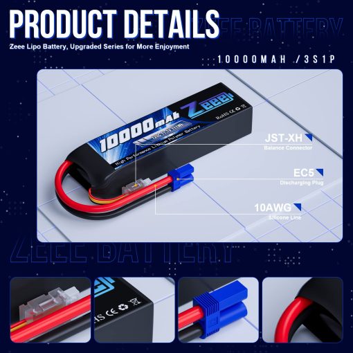 Bateria Lipo Zeee 3S 10000mAh 11.1V 120C con Conector EC5 Estuche Suave Bateria RC para Coche RC Camion Tanque Carreras Modelos Hobby (Paquete de 2) - Imagen 3