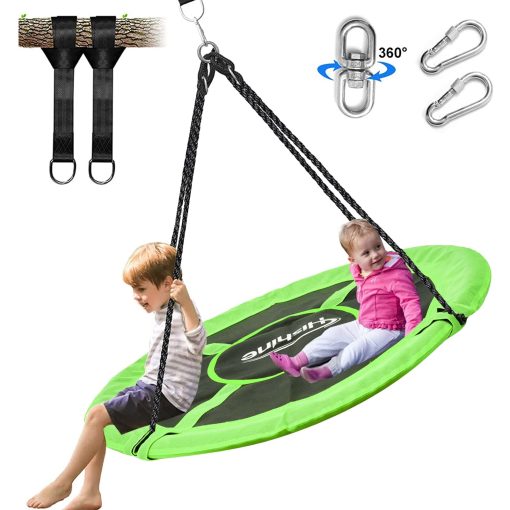 Hishine 43" Columpio con Forma de Platillo para Ninos, Gira 360?, Columpio Volador Impermeable con Giro, Correas de Colgar, Cuerdas Ajustables, Columpio Giratorio Redondo para arbol/Parque Infantil (Verde)