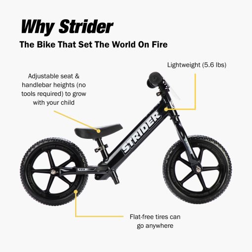 Bicicleta Strider 12? Pro, Black Pearl - Bicicleta sin pedales de equilibrio para ninos de 1 a 4 anos - Incluye almohadilla de seguridad, asiento acolchado, mini agarres, neumaticos sin aire y placa numerada - Sin herramientas - Imagen 4