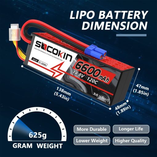 Bateria Lipo Socokin 6600mAh 14.8V 120C con Conector EC5 Estuche Duro para Coche RC Camion Tanque Buggy Truggy Modelo RC Racing Hobby (Paquete de 2) - Imagen 3