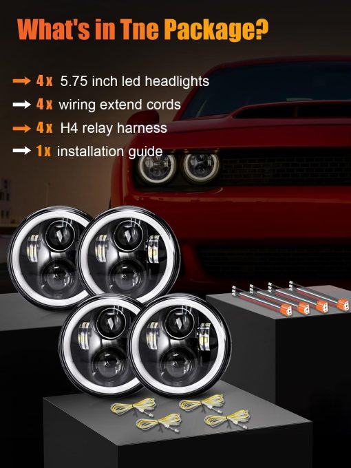 UNI-SHINE 4pcs 5 3/4" 5.75 Faros LED con Luz Alta y Baja Señal intermitente ambar DRL blanco, Anillo Halo de 5 3/4 faro LED - Imagen 7