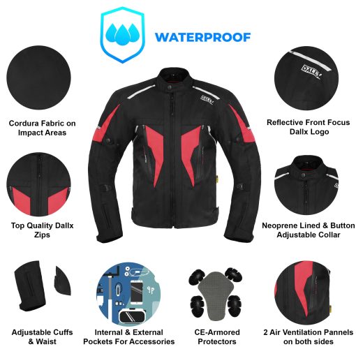 Chaqueta de Moto Textil para Aventura Todoterreno con Armadura CE para Hombres - Ajuste de Ancho y Cremallera de Ventilacion de Aire (Pequeño, Negro Rojo) - Imagen 2