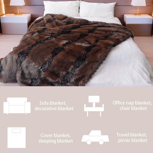 Manta de pelo de zorro de imitacion Inchgrass, manta de piel de lujo para sofa, manta esponjosa super calida y elegante, acogedora y mullida para sofa, sillon y cama, manta de felpa lavable 74"x60" en color marron - Imagen 6