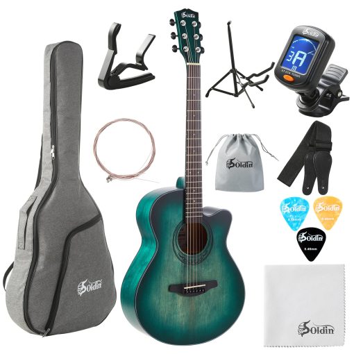 Guitarra Acustica Premium Soldin de 40 Pulgadas con Tapa de Abeto Macizo - Kit Bundle Con Funda, Soporte de Guitarra, Afinador, Correa, Capodastro, Cuerdas, Pano de Limpieza y Puas (Azul Nilo)
