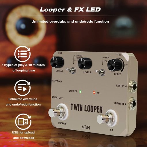 Pedal de Loop VSN, Pedales de Loop de Guitarra Estereo, Pedal de Efectos de Guitarra Loop Station Multi-funcion 11 Tipos de Reproduccion con 10 Minutos de Tiempo de Loop, Efectos de Guitarra 44.1kHz/24Bit - Imagen 2
