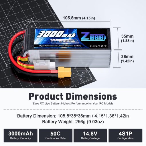 Bateria Lipo Zeee 4S 3000mAh 14.8V 50C con Funda Suave y Conector XT60 para Avion RC Helicoptero Drone FPV Barco RC UAV Coche RC Camion Barco Carreras Hobby Modelos (2 Paquetes) - Imagen 2