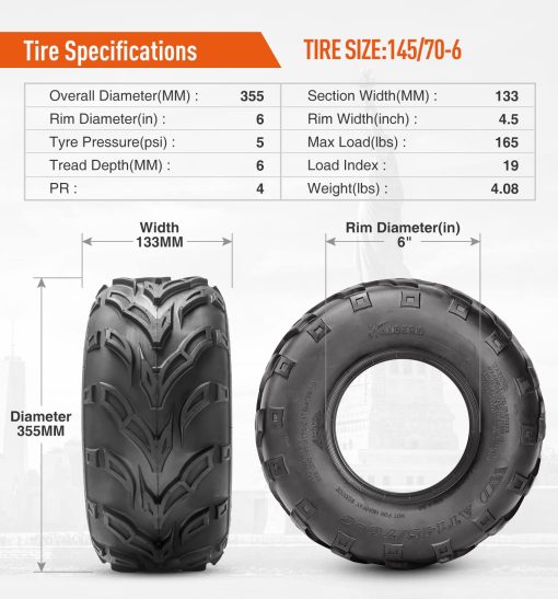 Llantas de Mini Motos para ATV y Go Kart HALBERD 145/70-6, 145 70-6 Llantas Todo Terreno sin Camara 4PR (Paquete de 2) - Imagen 4