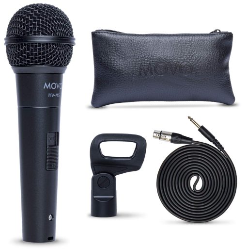 Microfono vocal dinamico Movo HV-M5 con montaje anti vibracion interno y parabrisas - Microfono dinamico compatible con XLR con adaptador de 6.35mm - Microfono profesional para cantar y grabar