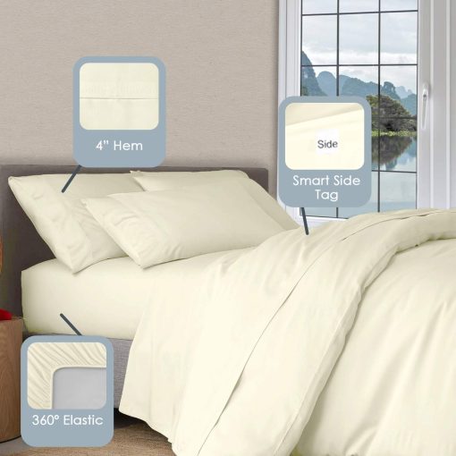 Juego de sabanas de cama de algodon de lujo Pizuna 100% tamano completo marfil, 1000 hilos de algodon peinado sabana sateen gruesa y juego de funda de almohada, sabanas profundas encajan 15" (juego de sabanas de cama de algodon peinado - 4PC) - Imagen 3