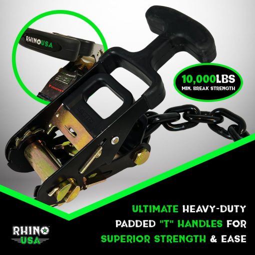 Correas de amarre de trinquete para automovil Rhino USA (4PK) - Resistencia minima de rotura de 10,000 lb, incluye (4) correas de lazo reforzadas de 2 pulgadas x 96 pulgadas - Correas de amarre resistentes para neumaticos para camiones, autos, remolques y mas! - Imagen 3