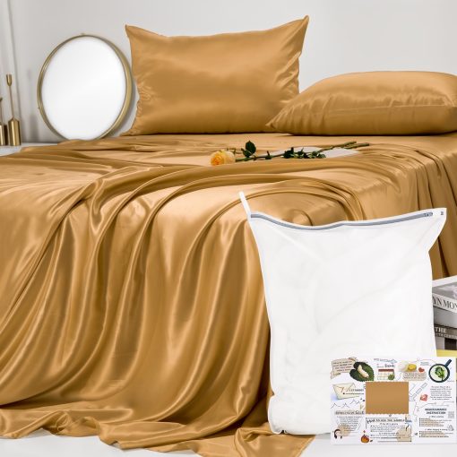 Juego de sabanas de seda 100% Promeed con 23 momme de seda de mora ajustable, sabana plana y funda de almohada, ideal para pieles sensibles (Oro, Twin / Twin XL)