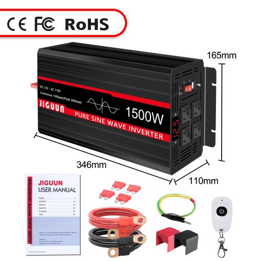 Inversor de Onda Sinusoidal Pura JIGUUN de 1500 vatios CC 12V a CA 120V, Convertidor de Coche con 4 Tomas de CA y Salida USB, Control Remoto del Inversor de Potencia para Acampar al Aire Libre RV - Imagen 8