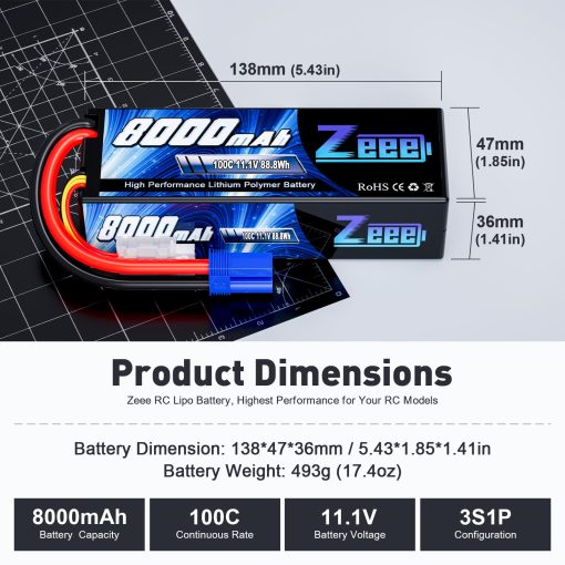 Bateria de Lipo Zeee 11.1V 3S 100C 8000mAh con Carcasa Dura y Conector EC5 para Modelo de Coche RC Truggy Buggy Team Associated (Paquete de 2) - Imagen 2