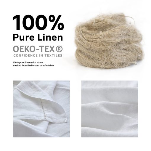 Juego de Sabanas Simple&Opulence 100% Lino con Ribete de Ovillos - 4 Piezas de Sabanas de Cama de Lino Europeo Puro Lavado (1 Sabana Plana, 1 Sabana Ajustable, 2 Fundas de Almohada) - Transpirable y Suave (Blanco Ovillos, King) - Imagen 4