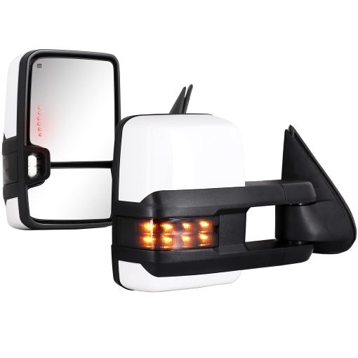 Espejos de remolque Sanooer para 2003-2007 Chevy Silverado Suburban Avalanche Tahoe GMC Sierra Yukon con cristal electrico, luz de senal de giro de flecha, lampara de respaldo, calefaccion extensible, juego de pares (Pintado de blanco 8624)