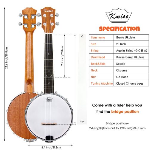 Kmise Banjolele Banjo Ukulele Uke Concerto de 4 Cuerdas Tamano 23 Pulgadas Sapele - Imagen 4