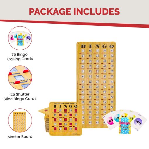 MR CHIPS Cartones de Bingo a Prueba de Atascos con Ventanas Deslizantes, 25 Cartones de Bingo Reutilizables, 75 Cartas de Llamada de Bingo, 1 Tablero Maestro de Bingo en Estilo de Veta de Madera - Imagen 3