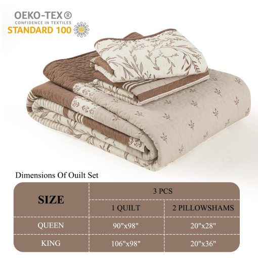 Edredon Queen DDUOXIN de Granja 100% Algodon - Suave Edredon Queen con 2 Fundas de Almohada, Colcha de Otoño Reversible Ligera Juego de Ropa de Cama para Todas las Estaciones, Marron/Topo/Beige Arenoso, Queen - Imagen 3
