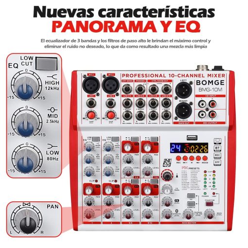 Mezcladora de sonido BOMGE de 10 entradas con preamplificadores de microfono y compresores, 24DSP, bluetooth, Alimentacion 48V, EQ britanico e Interfaz USB/Audio para grabacion, karaoke y podcast. (10M-10 Canales) - Imagen 8
