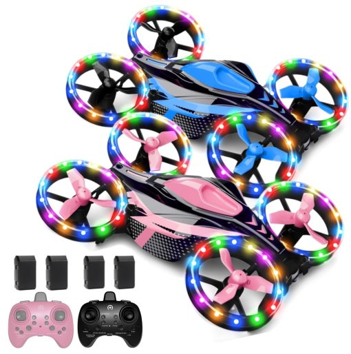 Drones para Ninos - Juguetes para Ninos y Ninas Regalos Perfectos para Navidad y Cumpleanos - Modo Dual para Tierra y Vuelo Coincide con Ruedas Luces LED con 12 Modos de Escena (Rosa Topacio y Azul Arrecife)