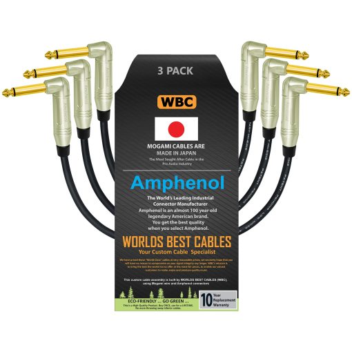 3 Unidades - Cable de Pedal, Efectos, Patch, Instrumento Personalizado de 18 Pulgadas hechos con Cable Mogami 2319 y Conectores Amphenol ACPM-RN-AU M-Series Dorados en angulo TS