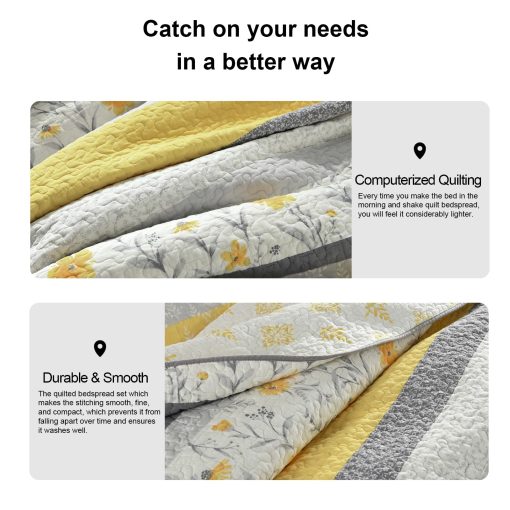 Juego de Edredon de Algodon 100% PANGUSHAN para Cama Queen, Juego de Edredon de Tamano Queen, Edredon Reversible Floral de Estilo Granja en Amarillo, Cubrecama Acolchado Ligero para Cama Queen, 3 Piezas, Amarillo/Gris/Blanco - Imagen 9