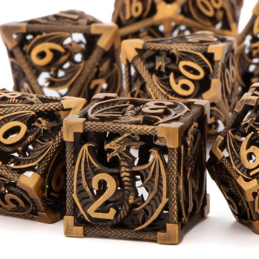 Set de Dados DND de Metal Hueco KERWELLSI, Set de Dados de Dungeons and Dragons con Caja de Regalos, 7 Piezas de Dados D&D, Set de Dados Poliedricos para Juego de Rol RPG, Dados D and D D20 D12 D10 D8 D6 D4 (Oro)