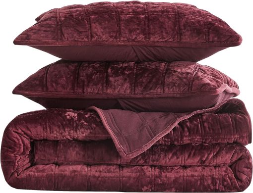 Chezmoi Collection Piers Juego de Colchas de Terciopelo Borgoña King Oversized, Set de 3 Piezas de Ropa de Cama de Terciopelo Desgastado Todo el Año - Reversible de Microfibra Cepillada con Doble Cuadrado de Costura - Imagen 9