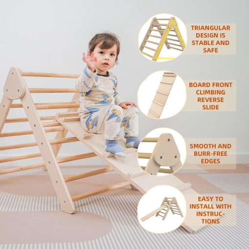 XIHAToy Triangulo de Escalada Plegable con Rampa Juego de Escalada para Niños 3 en 1 Juego de Juguetes de Escalada de Madera Montessori Arco Balancin Estructura de Juego Interior para Niños Pequeños - Imagen 3