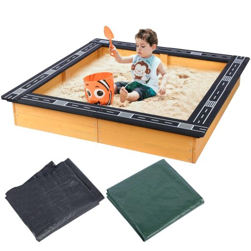 Arenero de Madera FAHKNS con Tapa - Pista de Carreras DIY - Asientos Tipo Pista - Proteccion de Arena, Forro Inferior - Gran Arenero para Ninos Actividades al Aire Libre, Almacenamiento de Juguetes, Jardineria de Flores